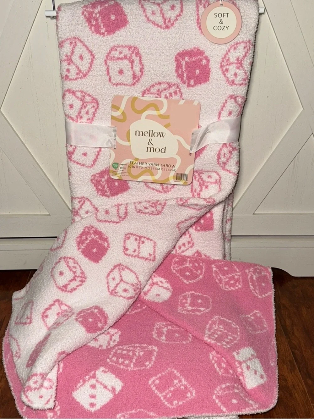 Mellow & Mod Pink Dice Soft Cozy Feather Yarn Throw Blanket